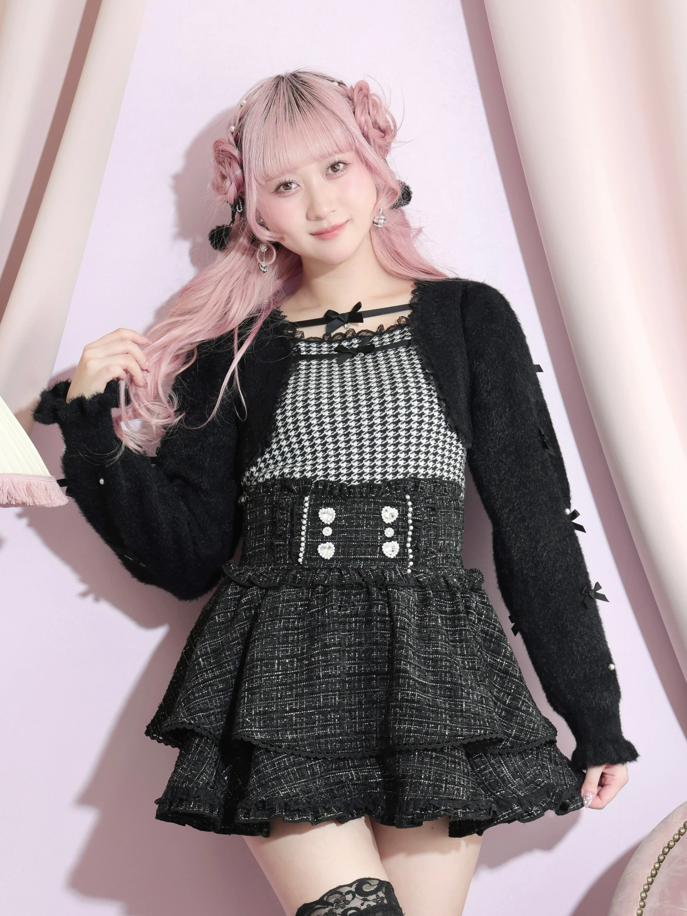 メニーリボンシャギーレイヤード千鳥ニット（ニット・セーター｜ピンク