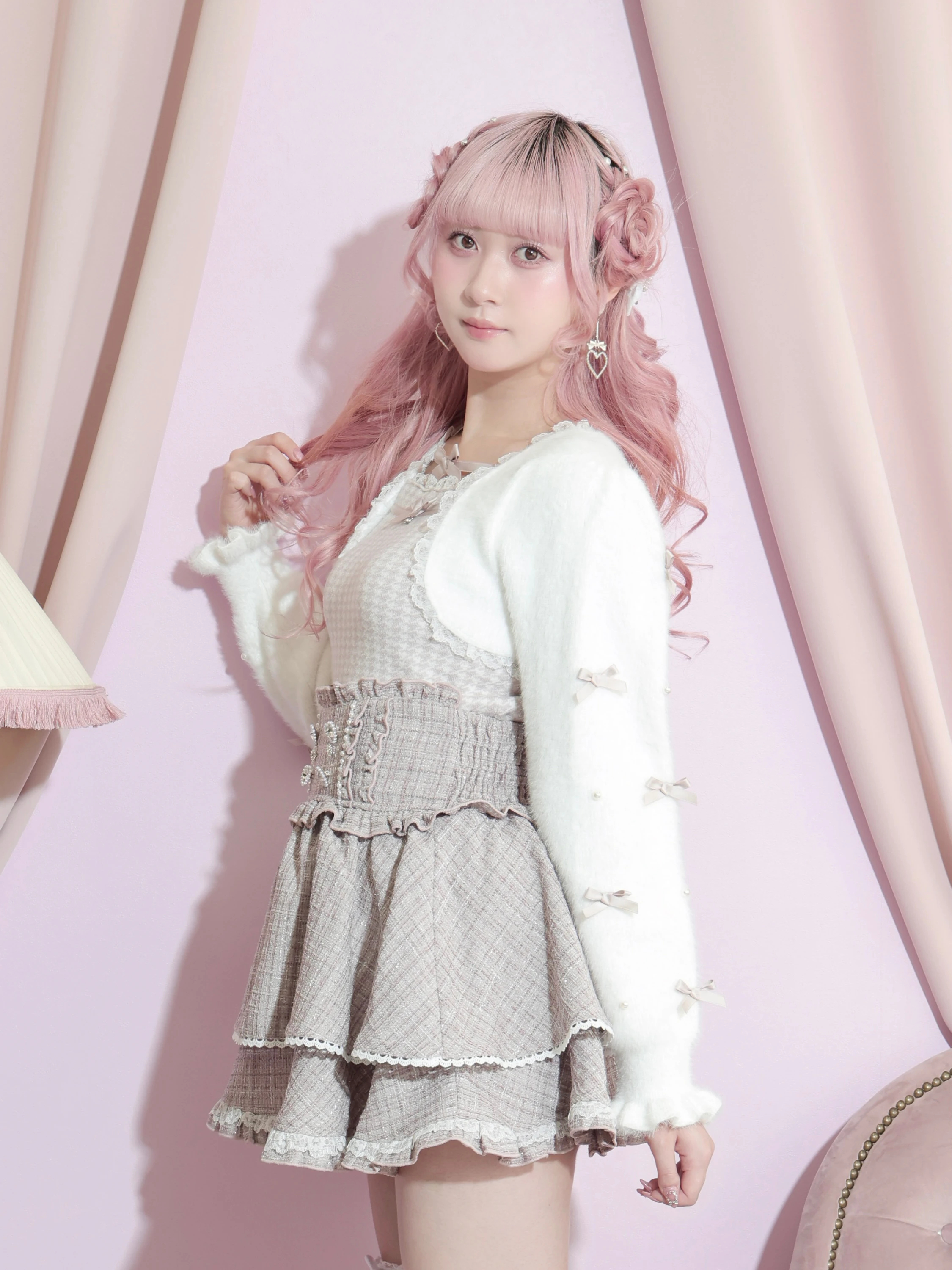 メニーリボンシャギーレイヤード千鳥ニット（ニット・セーター｜ピンク