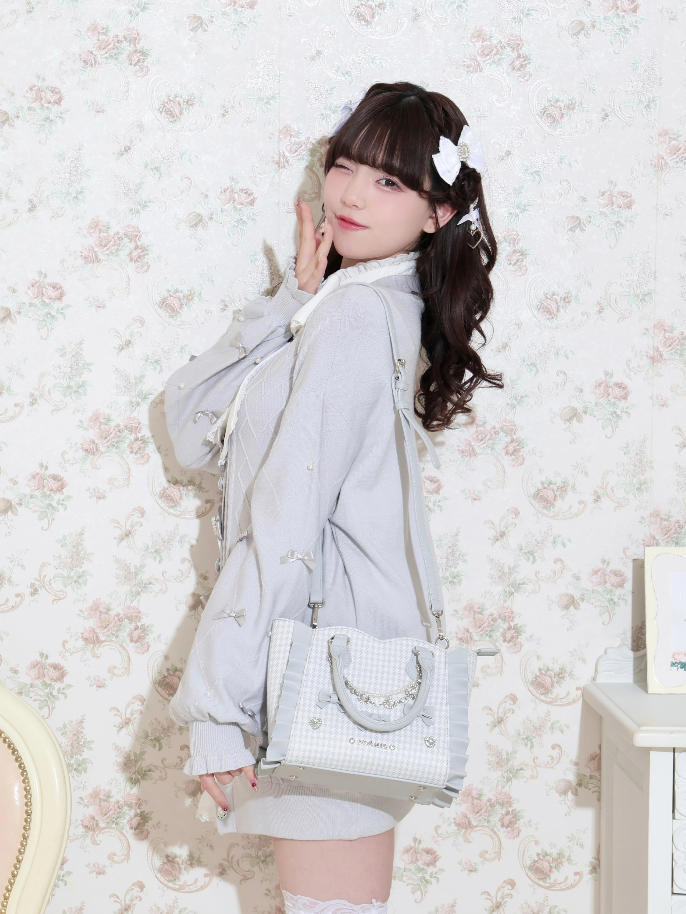 千鳥柄ビジューフリル2wayショルダーバッグ（ショルダーバッグ｜ピンク