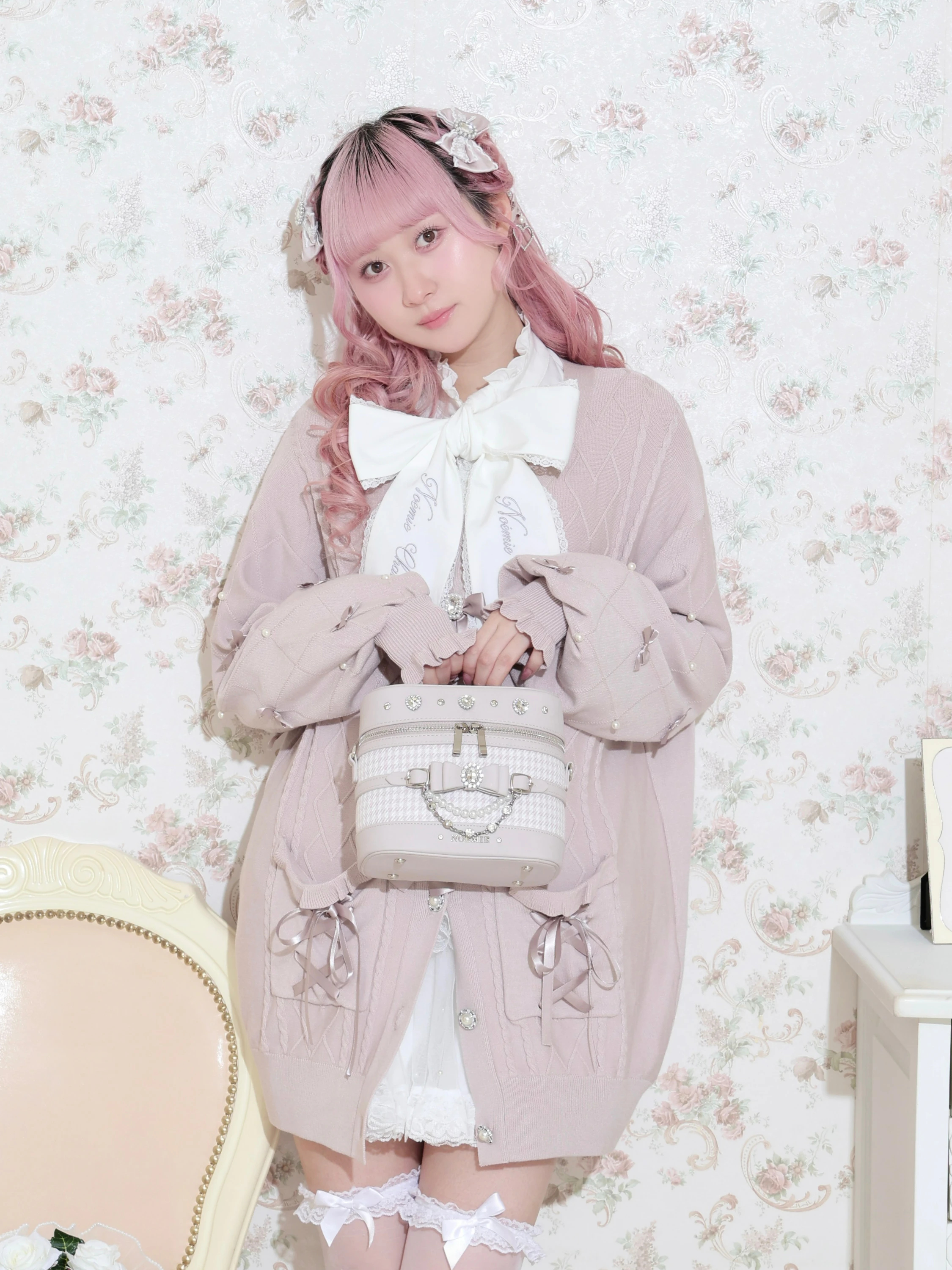 千鳥柄リボンビジューバニティバッグ（ショルダーバッグ｜ピンク