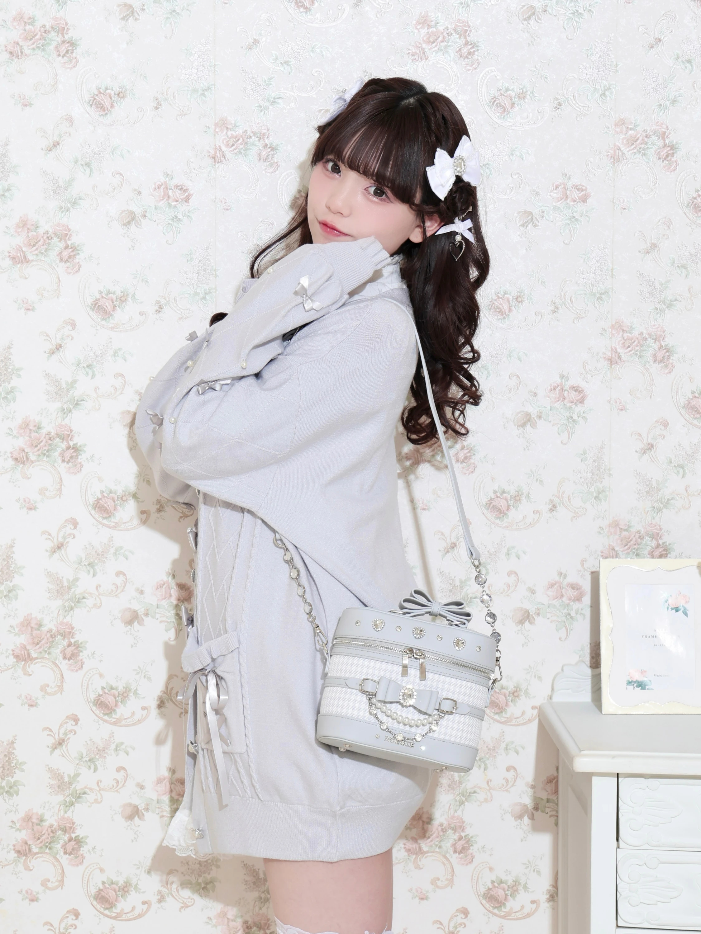 千鳥柄リボンビジューバニティバッグ（ショルダーバッグ｜ピンク