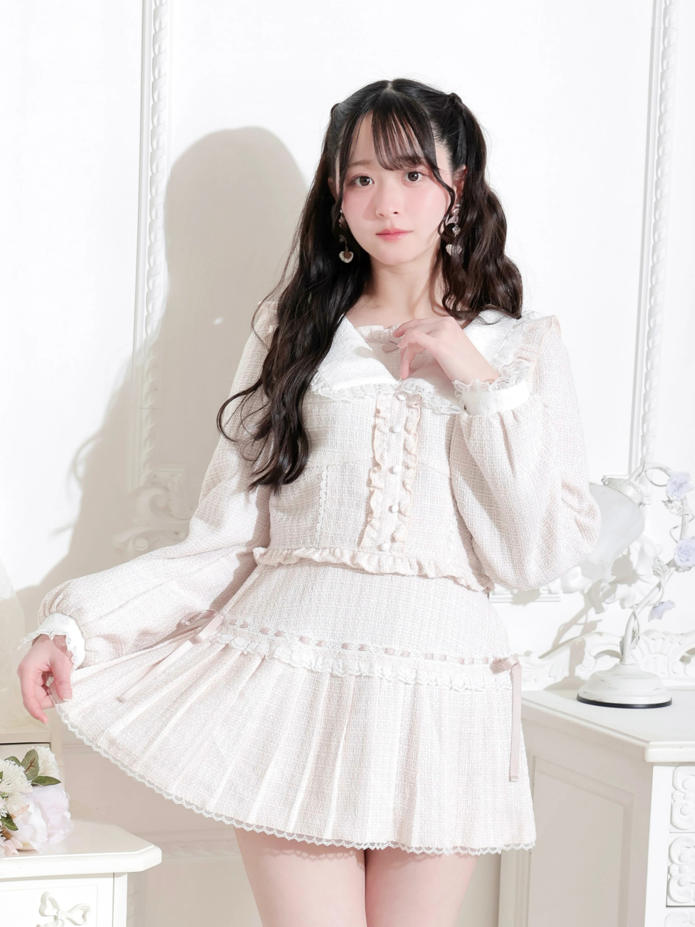 ツイードレースサイドリボンプリーツセットアップ（セットアップ｜黒