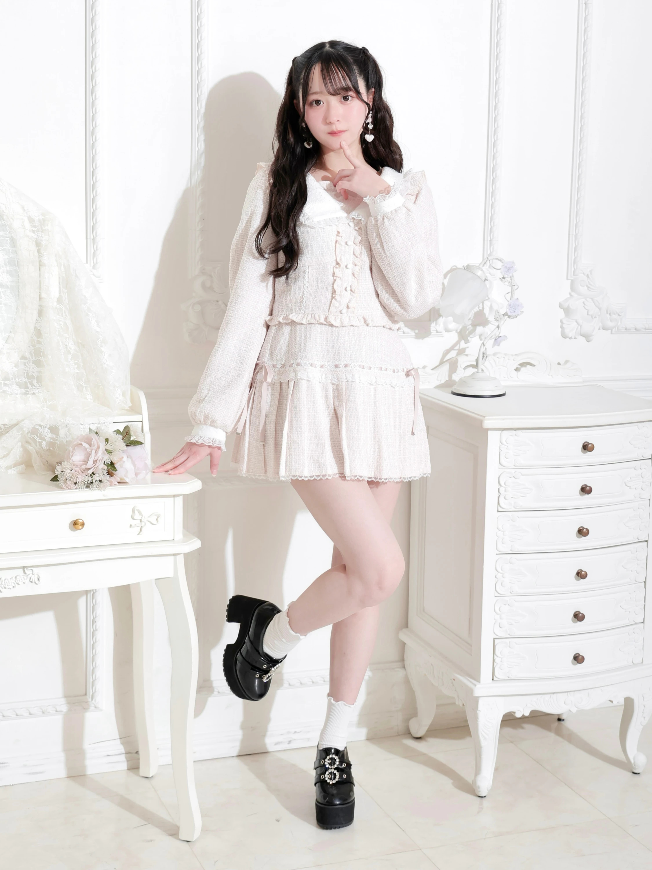 ツイードレースサイドリボンプリーツセットアップ（セットアップ｜黒