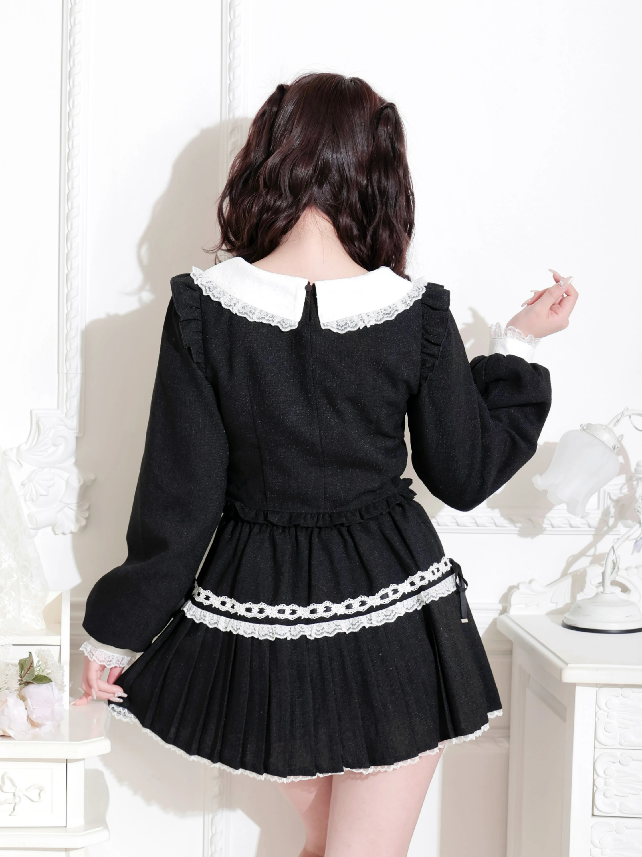 ツイードレースサイドリボンプリーツセットアップ（セットアップ｜黒