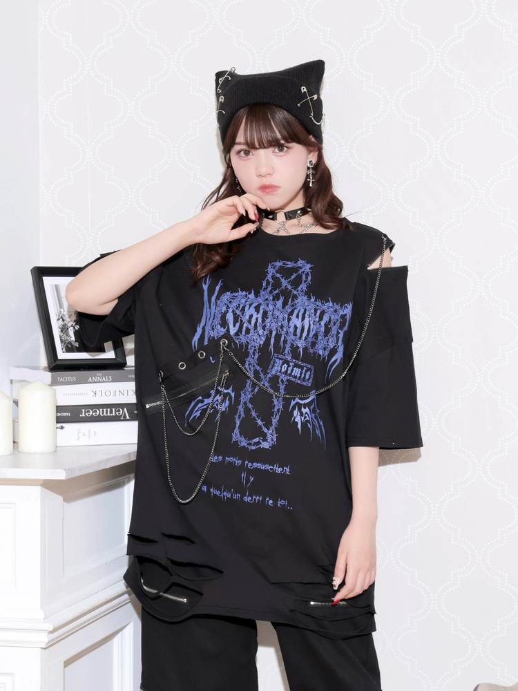 鉄線クロスチェーンダメージユニセックスTシャツ（カットソー・Tシャツ