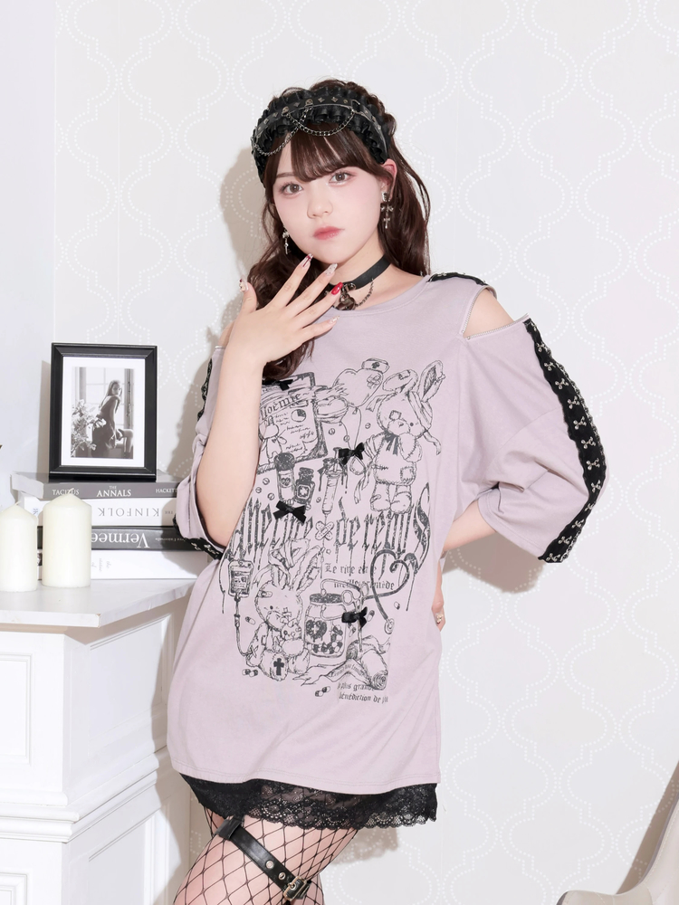 病みうさレースホック肩ジップTシャツ（カットソー・Tシャツ｜黒