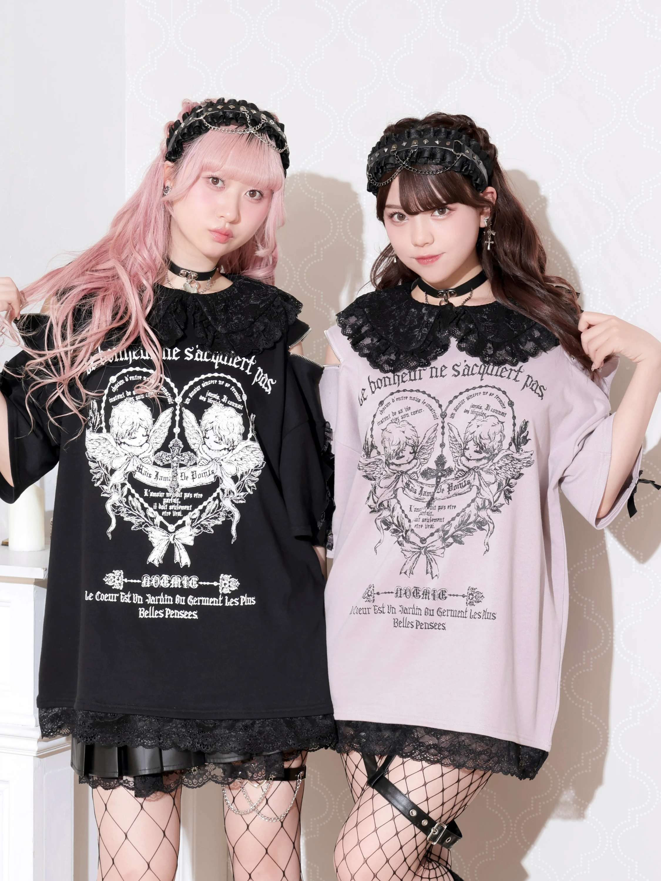 レース衿袖リボンエンジェルチュニック（カットソー・Tシャツ｜黒
