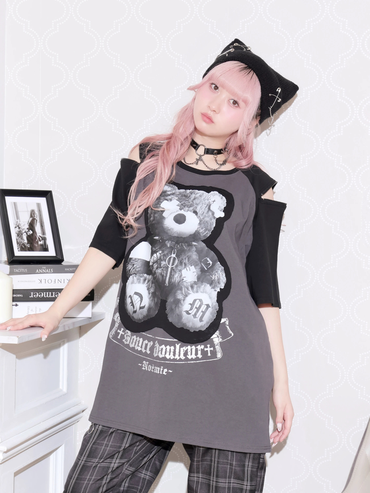 病みくまラグラン肩ジップユニセックスTシャツ（カットソー・Tシャツ