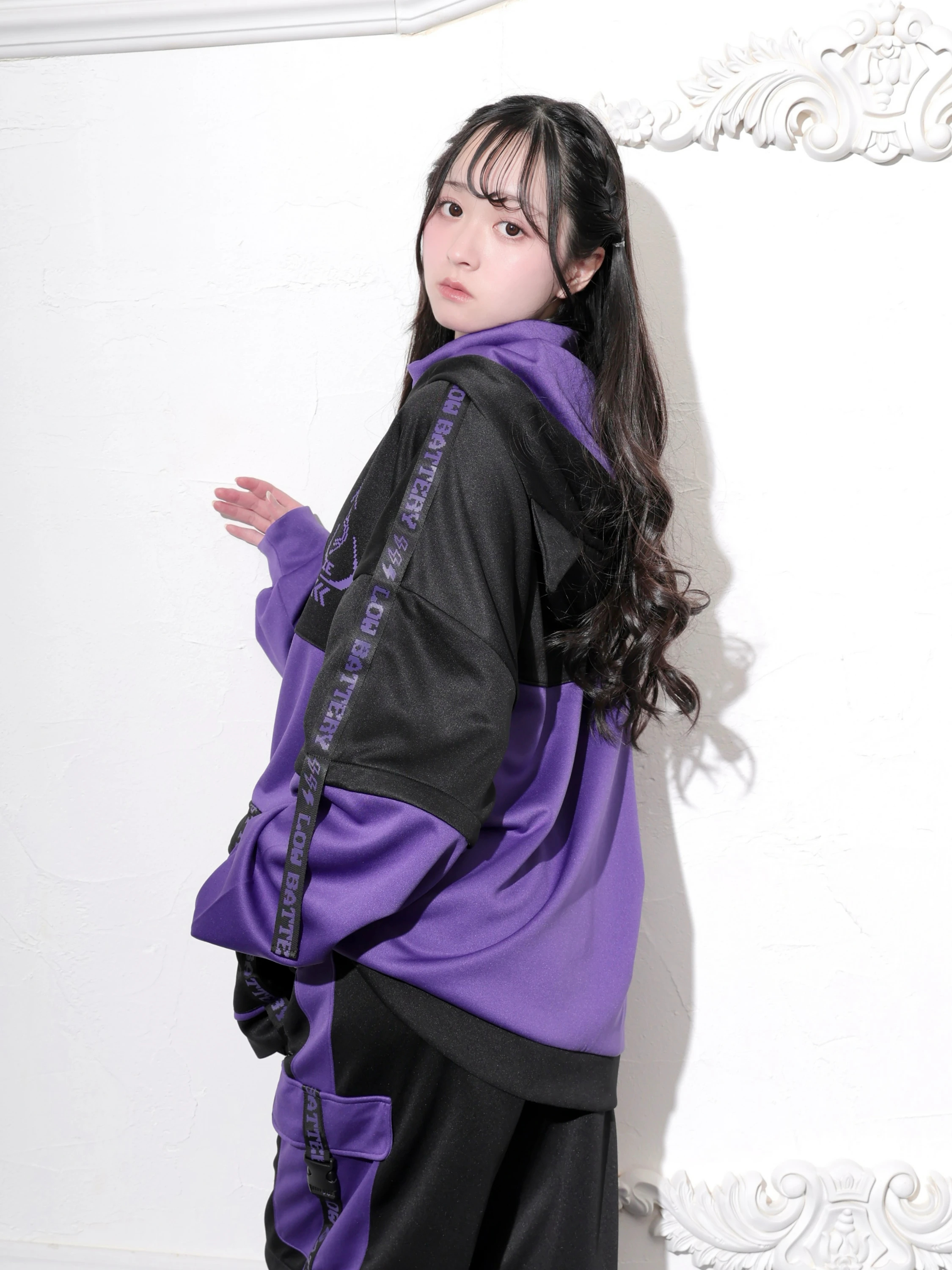 サイバー配色2WAYユニセックスジャージパンツ（ロングパンツ｜黒・紫