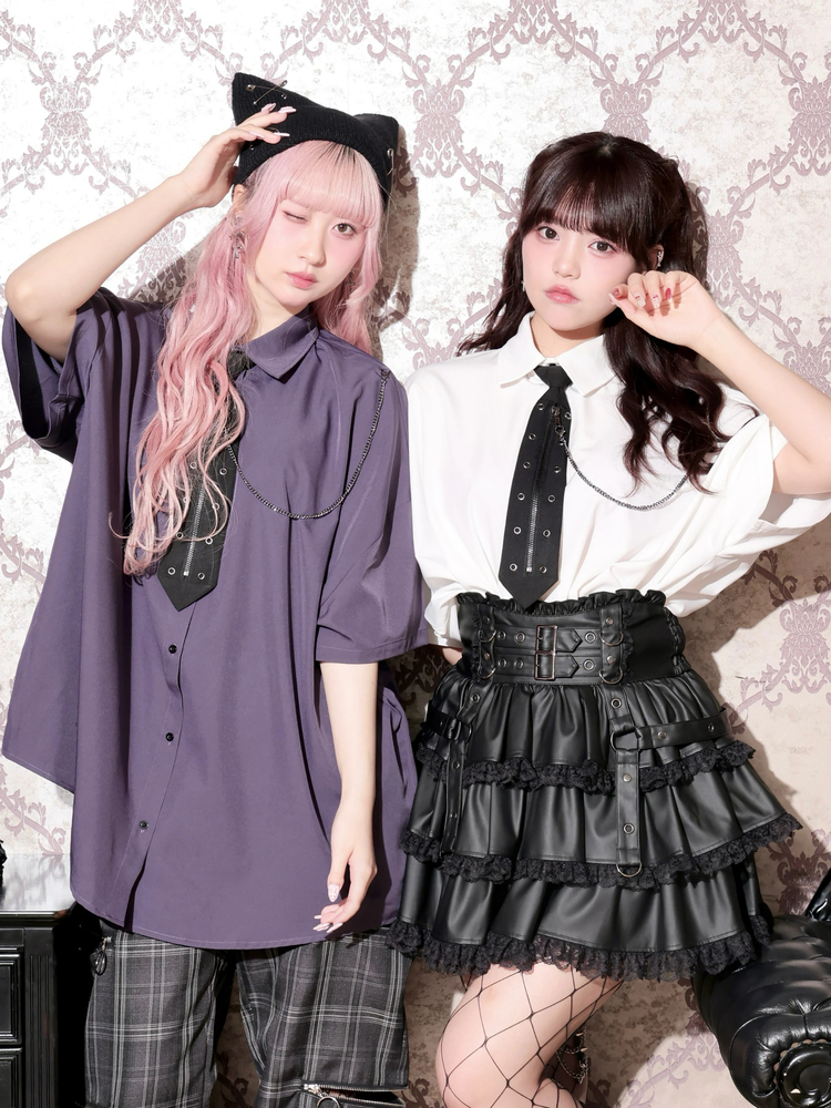病みくまチェーンユニセックスTシャツ（チュニック｜赤・紫・青