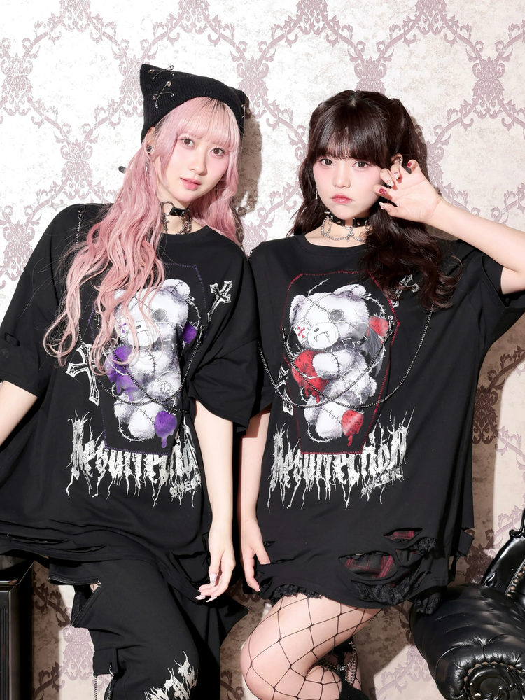 病みくまチェーンユニセックスTシャツ（チュニック｜赤・紫・青