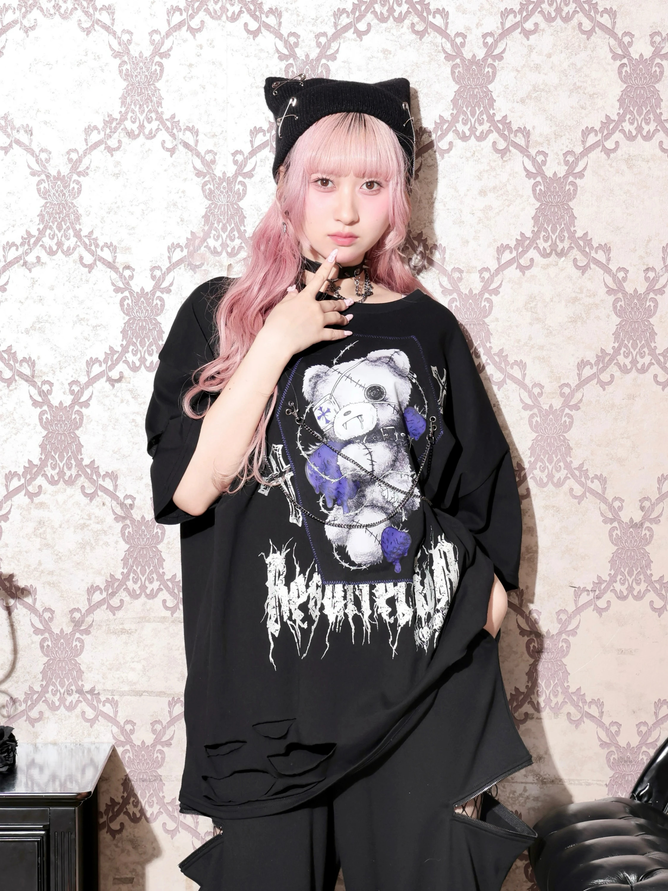 チュニック他　まみぃちゃん❤️ 病みくまチェーンユニセックスTシャツ（チュニック｜赤・紫・青